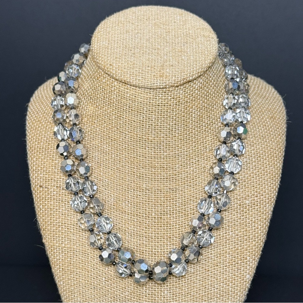 VTG Double Strand Gray/Silver/Clear Crystal Faceted Bead Necklace